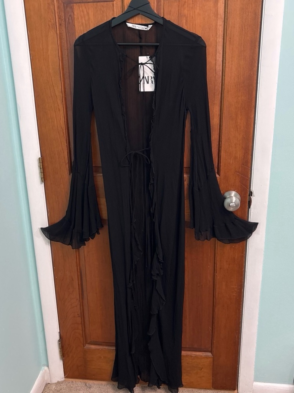 Zara Black Long Sheer Ruffle Maxi Dress with Bell Sleeves